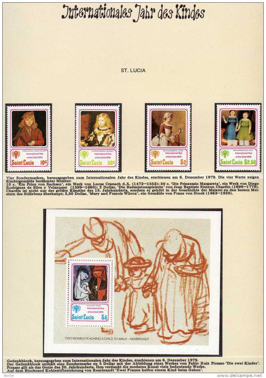 Jahr Des Kindes Berühmte Gemälde St. Lucia 462/5 Plus Block 17 ** 7€ Picasso Cranach Stock Chardin Art Bloc Sheet - St.Lucia (1979-...)