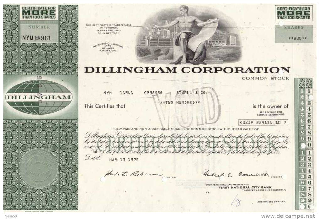 Dillingham Corporation  200 Shares  13-3-1975 - D - F