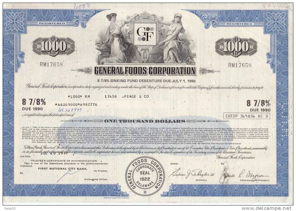 General Foods Corporation 1000 $  Rente 8 7/8%  20-7-1977 - D - F
