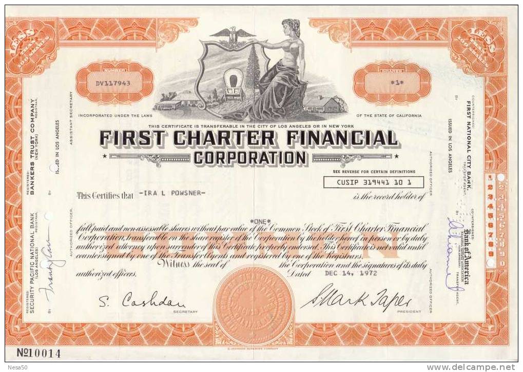 First Charter Financial  Corporation  1 Share 14-12-1972 - D - F