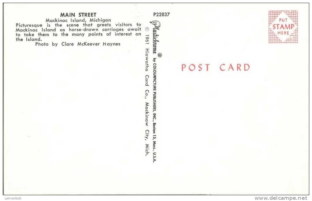 USA – United States – Main Street, Mackinac Island Michigan 1961 Unused Chrome Postcard [P3467] - Other & Unclassified