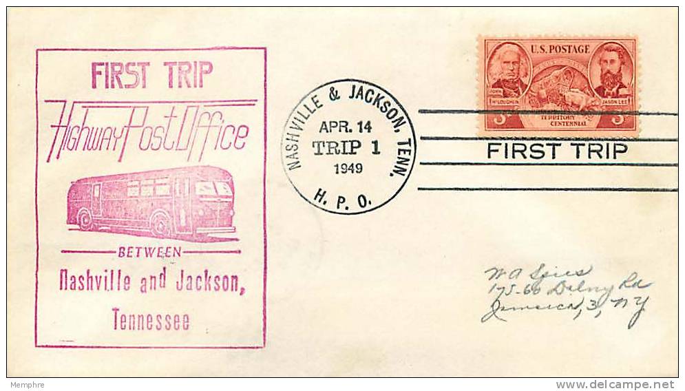 1949  Highway Post Office Trip 1  Nashville & Jackson TN   Souvenir Cover - Brieven En Documenten