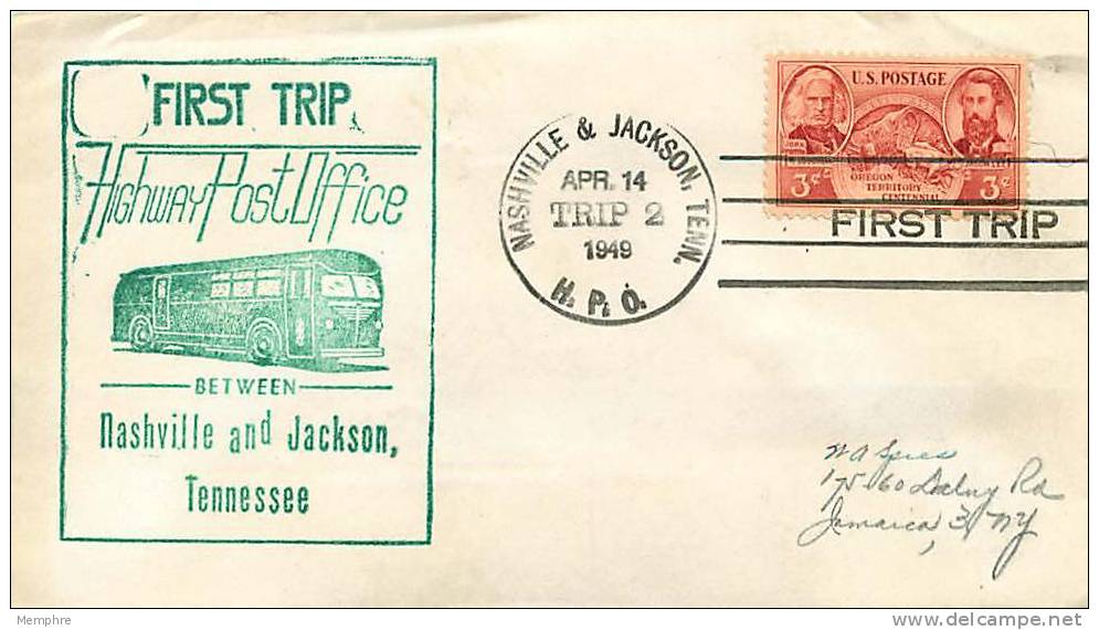 1949  Highway Post Office Trip 2  Nashville & Jackson TN   Souvenir Cover - Brieven En Documenten