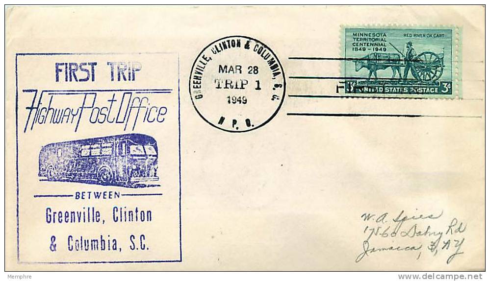 1949  Highway Post Office Trip   1 Greenville, Clinton & Columbia SC  Souvenir Cover - Lettres & Documents