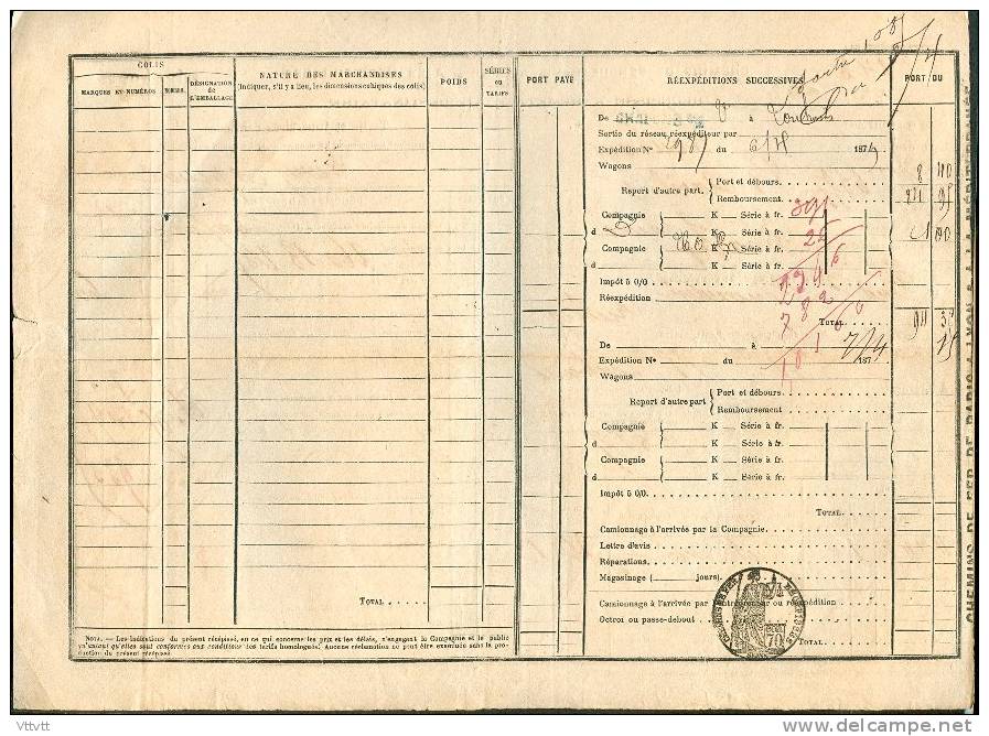 Récépissé (1878), Chagny, Chemin De Fer, Paris, Lyon, Méditerrannée, Livraison "Fut De Vin", Destinataire Louhans - Transports