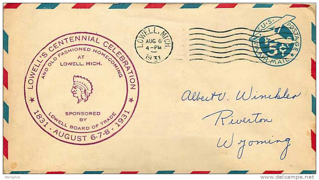 1931  Aug  6  Lowell MI  Centennial  Souvenir Cover - 1c. 1918-1940 Covers