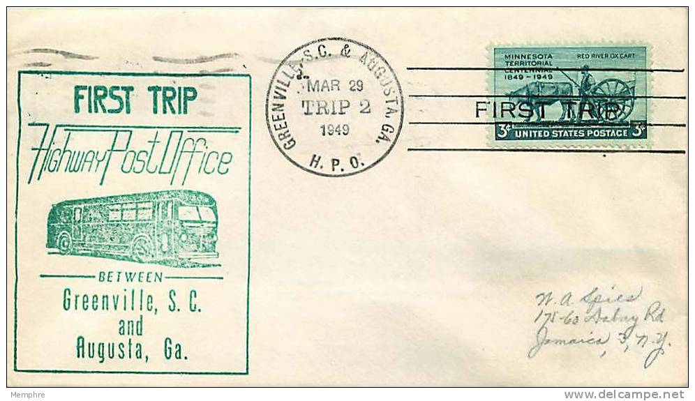 1949  Highway Post Office Trip   2 Greenville SC & Augusta GA    Souvenir Cover - Lettres & Documents