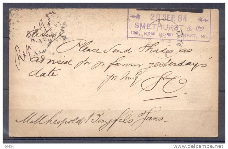 ENTIER POSTAL   Cachet  LONDON    Pour PARIS   Le 20 Sept 1884  Avec 1 TIMBRE  AMBULANT Calais A Paris - Stamped Stationery, Airletters & Aerogrammes