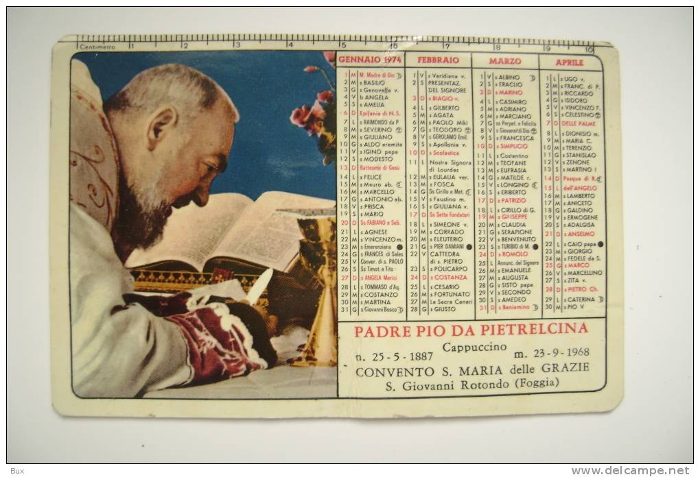 1974  PADRE PIO DA PIETRALCINA  CALEDAR CALENDARIETTO CON PIEGA VERTICALE    SANTO SANCTUS SAINT      IMAGE PIEUSES - Santini