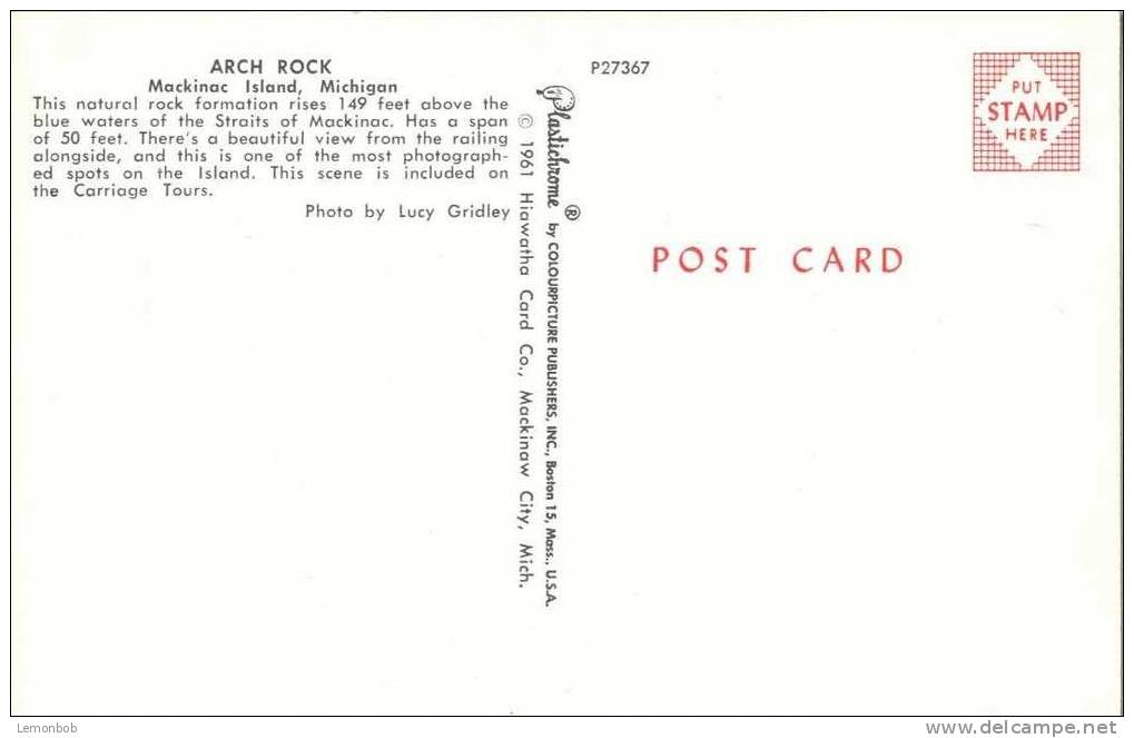 USA – United States – Arch Rock, Mackinac Island, Michigan 1961 Unused Chrome Postcard [P3497] - Andere & Zonder Classificatie