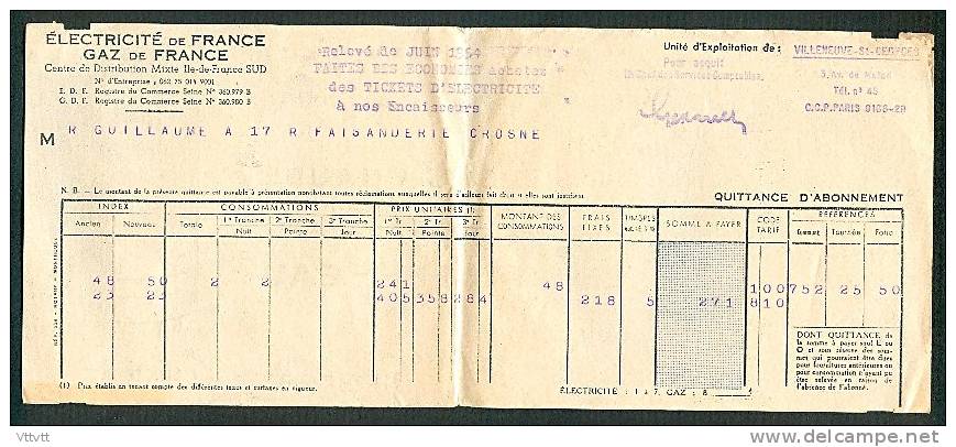 Juin 1954 : Quittance Electricité Et Gaz De France, Crosne (Essonne), Publicité Chauffe-Eau Avec Dessins Au Verso... - Elektriciteit En Gas