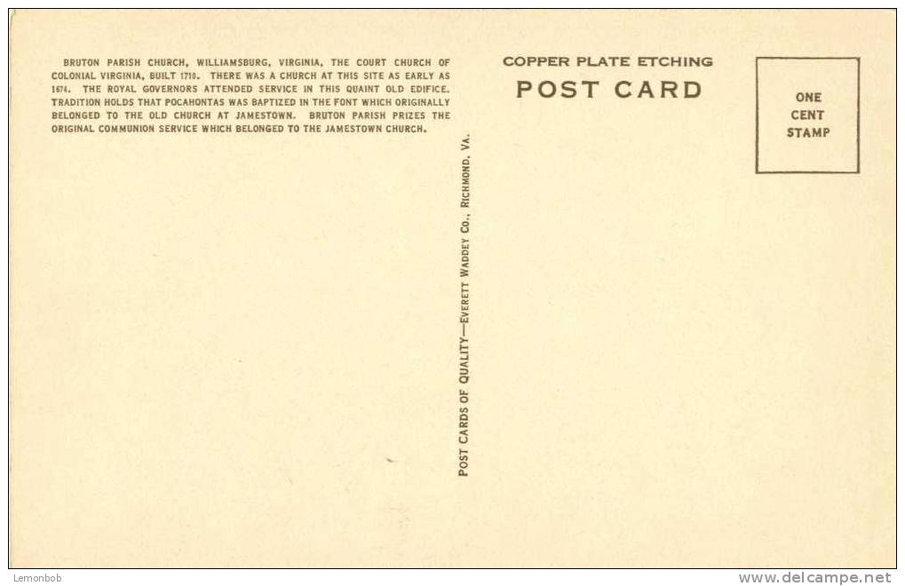 USA – United States – Bruton Parish Church, Williamsburg, Virginia Old Unused Postcard [P3502] - Altri & Non Classificati