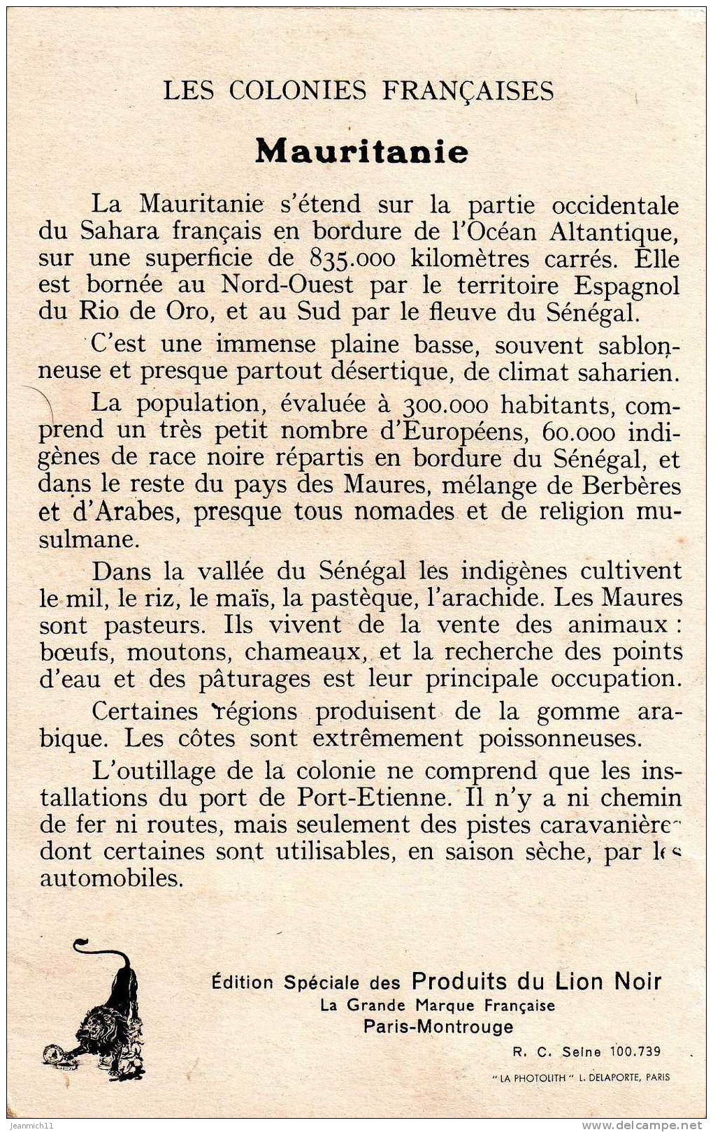 LA MAURITANIE : "Colonies Françaises - V° Publicitaire Le Lion Noir - Mauritania
