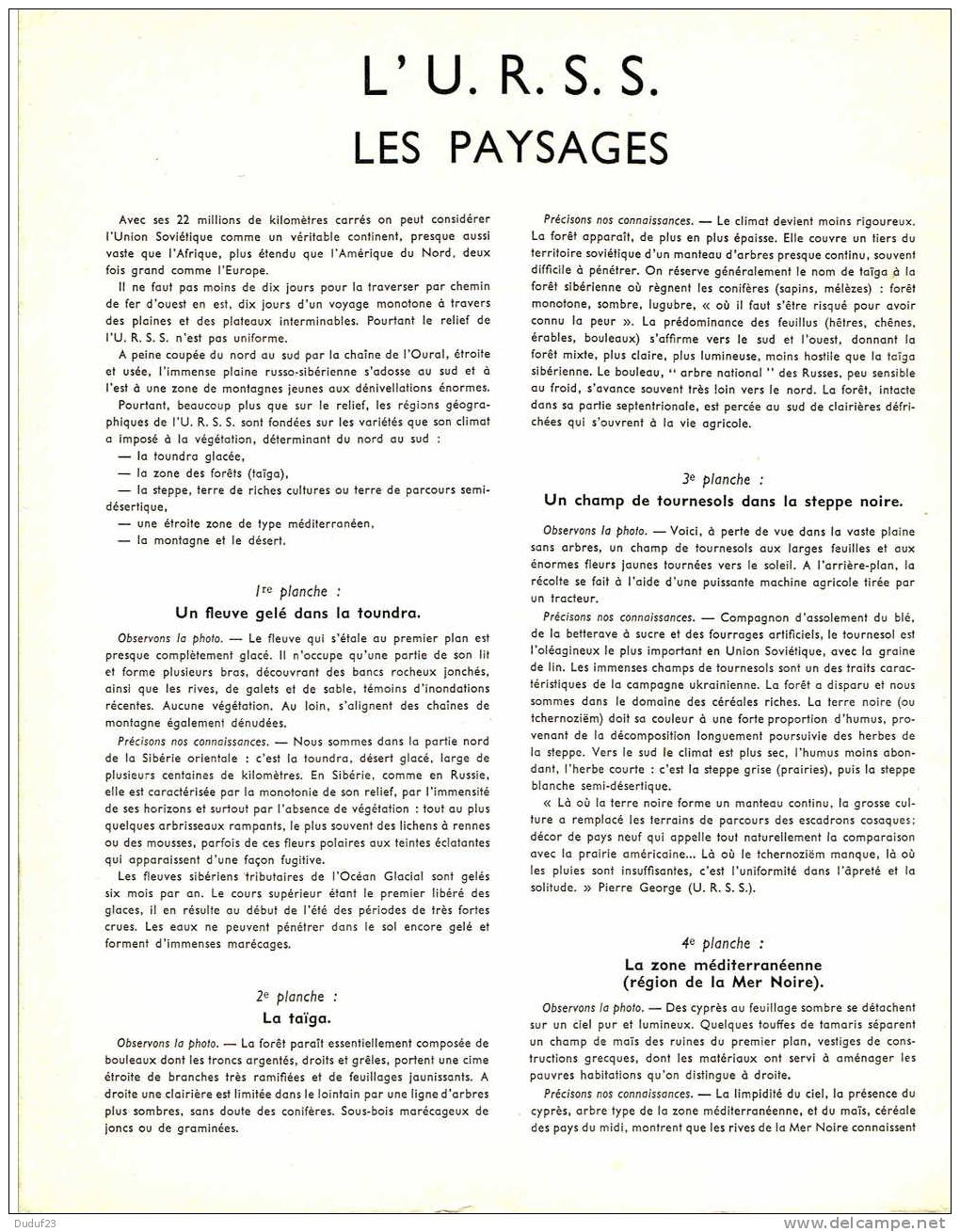 URSS - PAYSAGES - DOCUMENTATION PEDAGOGIQUE ROSSIGNOL MONTMORILLON 1957 - Lesekarten