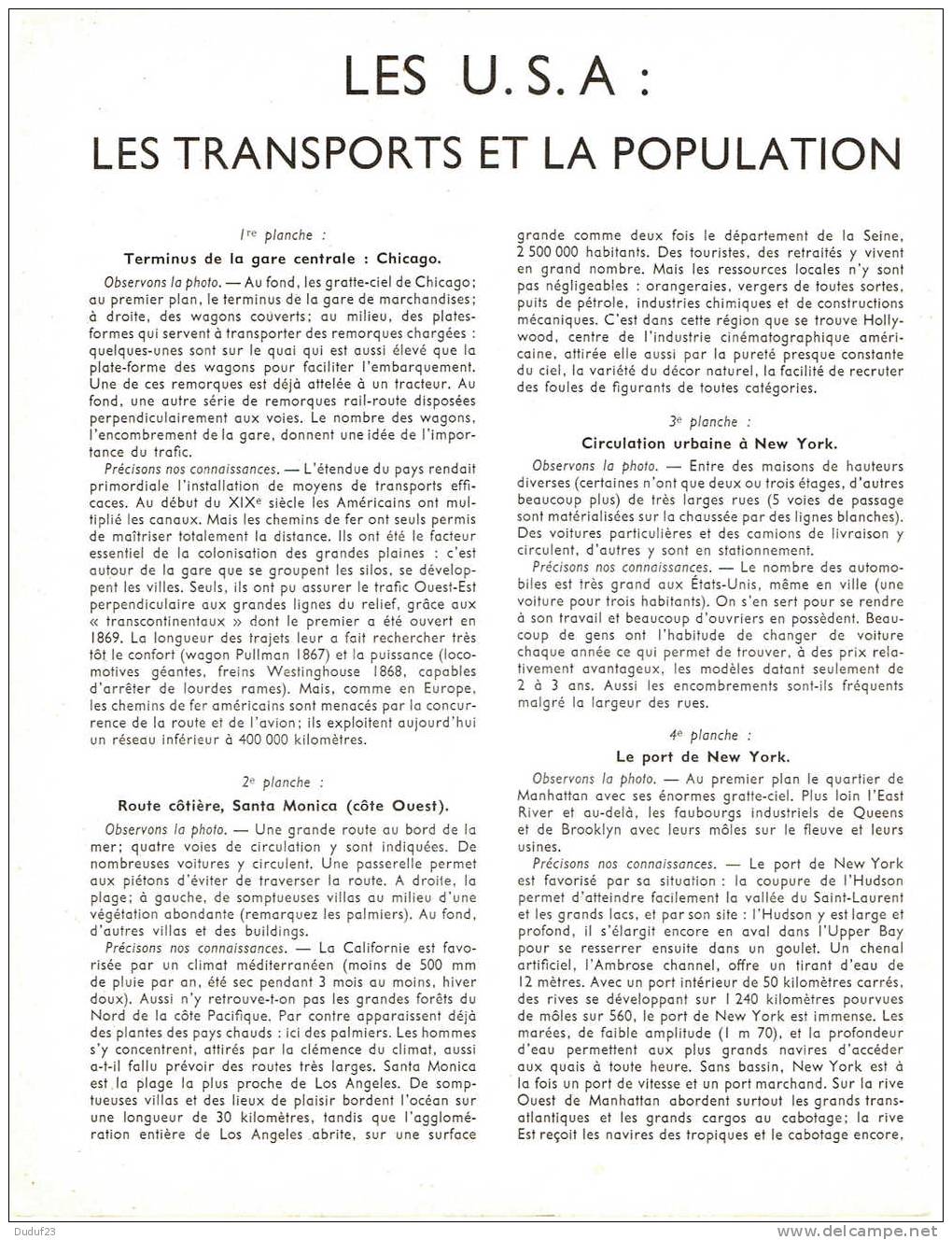 LES U.S.A. - LES TRANSPORTS ET LA POPULATION - DOCUMENTATION PEDAGOGIQUE ROSSIGNOL MONTMORILLON 1956 - Didactische Kaarten