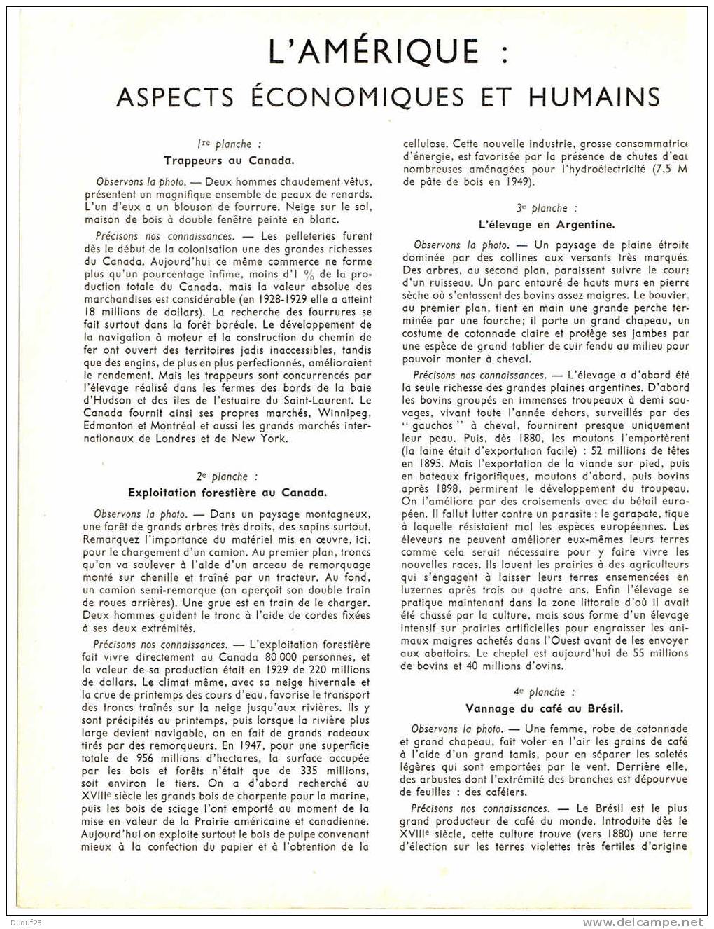 AMERIQUE ASPECTS ECONOMIQUES ET HUMAINS - DOCUMENTATION PEDAGOGIQUE ROSSIGNOL MONTMORILLON 1957 - Fiches Didactiques