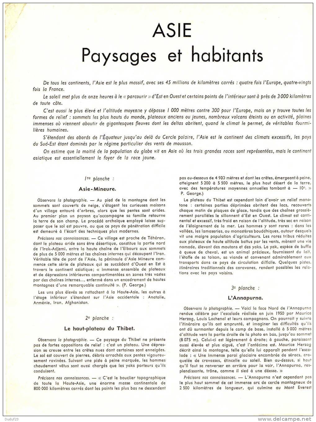 ASIE PAYSAGES ET HABITANTS - DOCUMENTATION PEDAGOGIQUE ROSSIGNOL MONTMORILLON 1957 - Fiches Didactiques