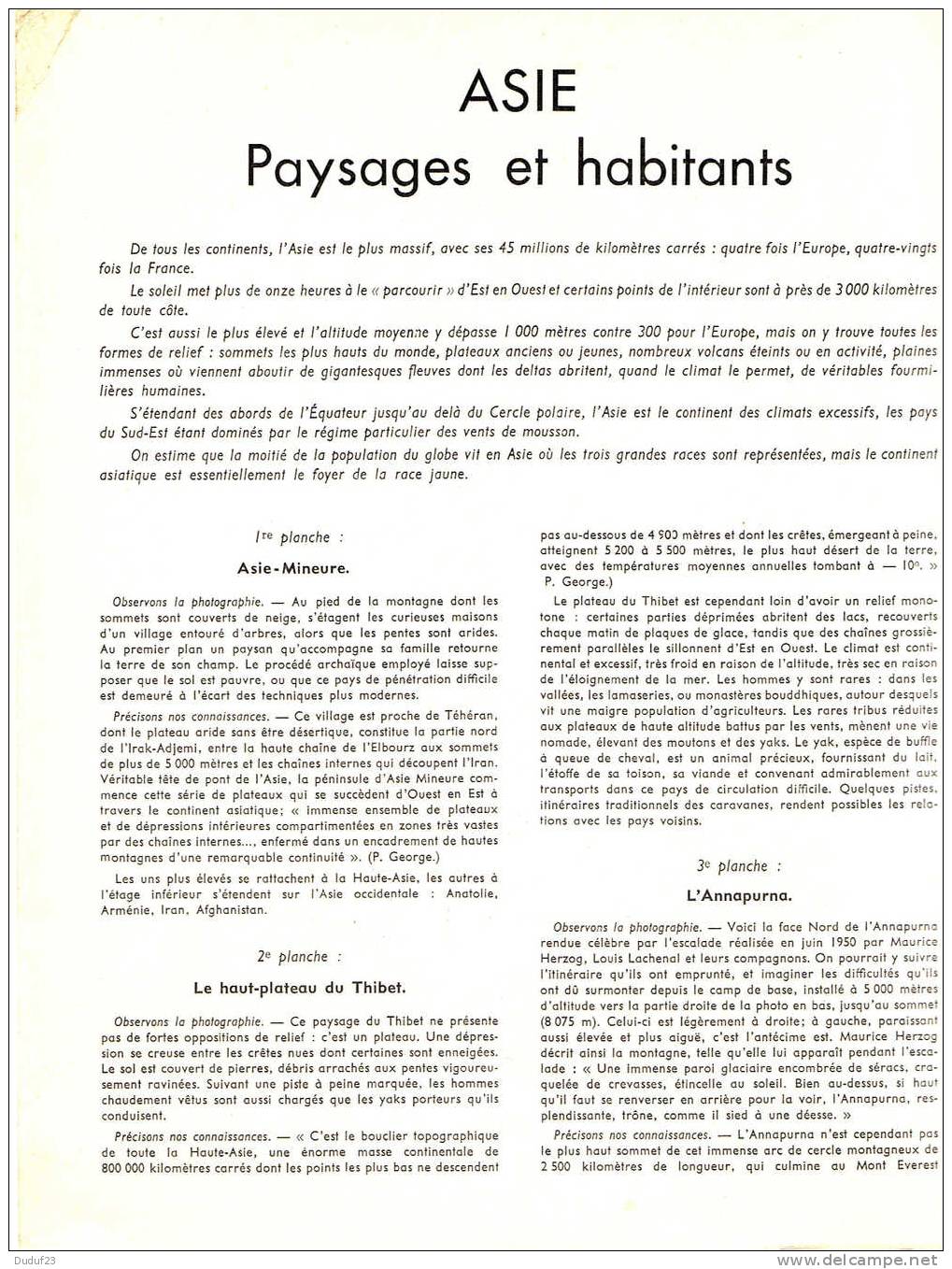 ASIE PAYSAGES ET HABITANTS - DOCUMENTATION PEDAGOGIQUE ROSSIGNOL MONTMORILLON 1957 - Didactische Kaarten