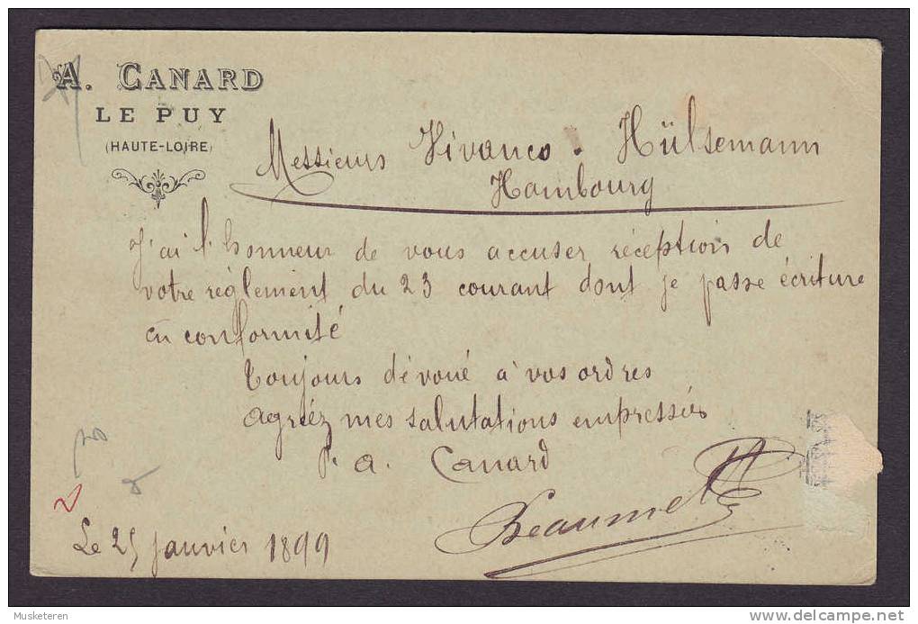 France Postal Stationery Ganzsache Entier Sage PRIVATE PRINT Privé A. CANARD Le Puy 1899 (Haute-Loire) Hambourg Germany - Private Stationery