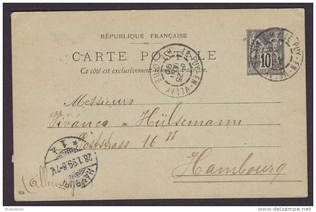 France Postal Stationery Ganzsache Entier Sage PRIVATE PRINT Privé A. CANARD Le Puy 1899 (Haute-Loire) Hambourg Germany - Private Stationery