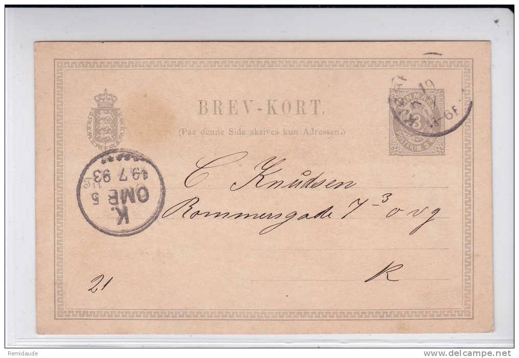 DANMARK - 1893 - REPIQUAGE PRIVE Sur ENTIER CARTE POSTALE De KONGENSGADE - Entiers Postaux