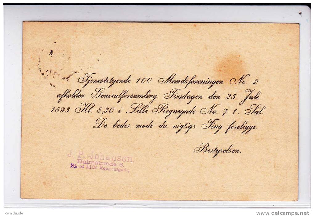 DANMARK - 1893 - REPIQUAGE PRIVE Sur ENTIER CARTE POSTALE De KONGENSGADE - Postal Stationery