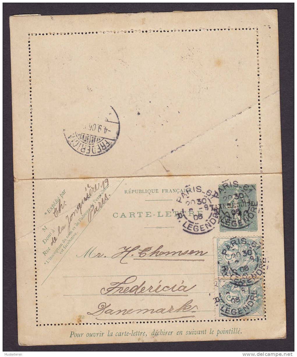 France Uprated Postal Stationery Ganzsache Entier Semeuse Carte-Lettre TAXE Reduite PARIS 1906 To Fredericia Danemark - Kartenbriefe