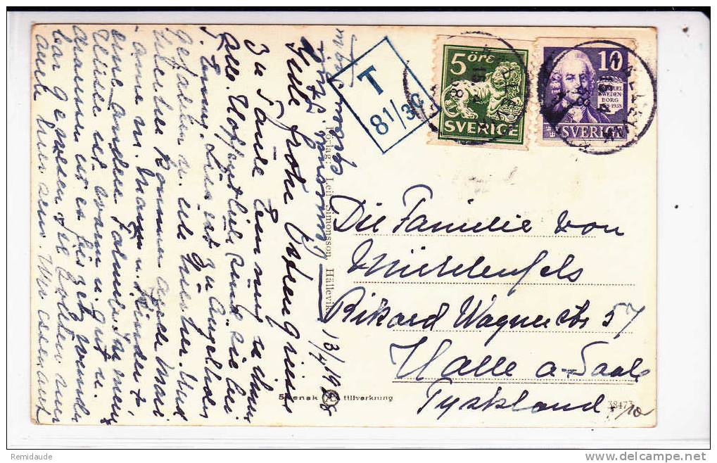 SVERIGE - 1938 - CARTE POSTALE De HÄLLEVIK Avec TAXE  Pour HALLE (ALLEMAGNE) - Covers & Documents