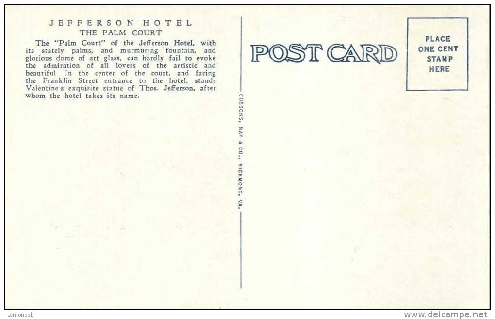 USA – United States – Palm Court, Jefferson Hotel, Richmond, Va 1920s Unused Postcard [P3532] - Richmond