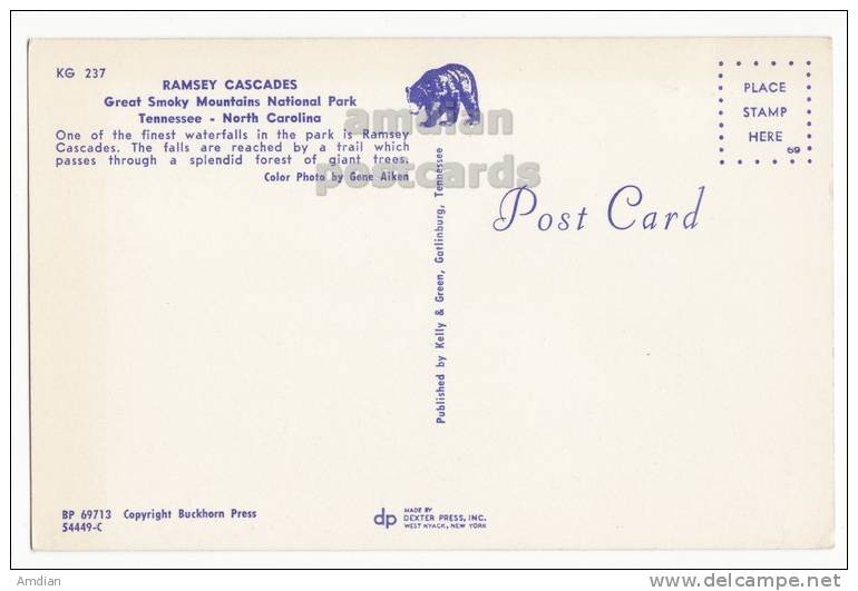 USA SMOKY MOUNTAINS NATIONAL PARK, RAMSEY CASCADES ~ 1950s-1960s Vintage Postcard ~ WATERFALLS - USA National Parks