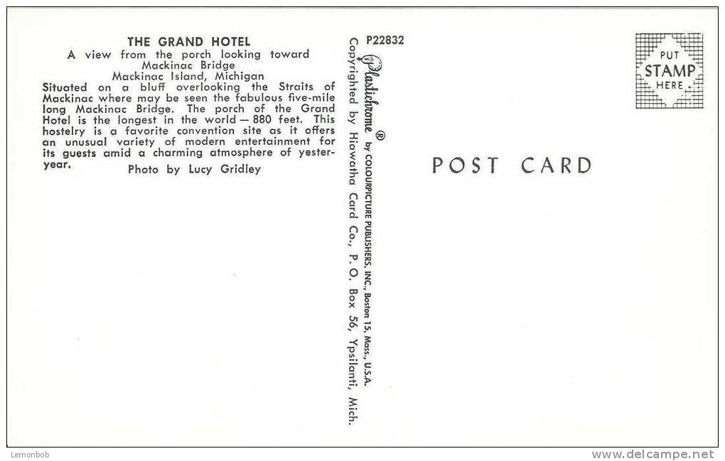 USA – United States – The Grand Hotel, Mackinac Island, Michigan Unused Postcard [P3557] - Autres & Non Classés