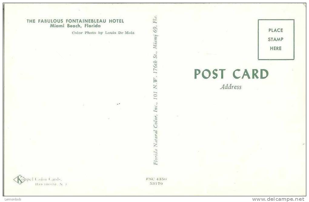 USA – United States – The Fabulous Fontainbleau Hotel, Miami Beach Florida 1960s Unused Chrome  Postcard [P3558] - Miami Beach