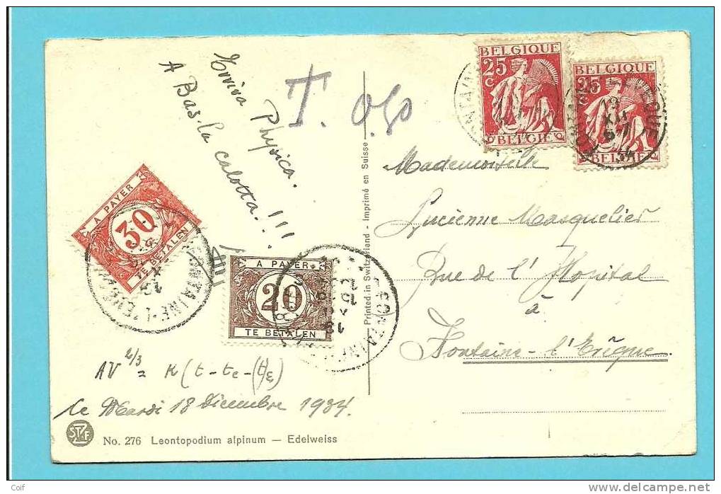 339 Op Kaart Met Stempel FONTAINE-L'EVEQUE (klein), Getaxeerd (taxe) TX 34+35 Stempel FONTAINE-L'EVEQUE (groot Type)!! - 1932 Ceres And Mercurius