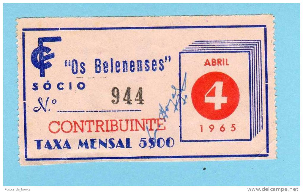 Clube De Futebol "OS BELENENSES". Taxa Mensal De Sócio. 1965 PORTUGAL Football Soccer. - Autres & Non Classés