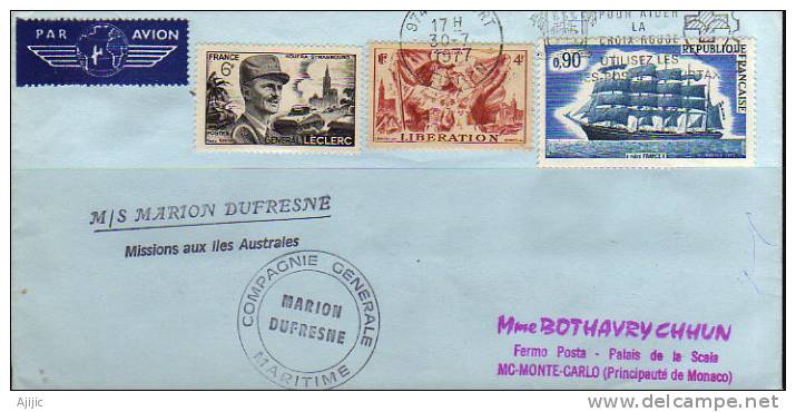 Paquebot Marion-Dufresne, Missions Aux Iles Australes.  Lettre Postée 30 Sept. 1977.  Escale De La Reunion. - Covers & Documents