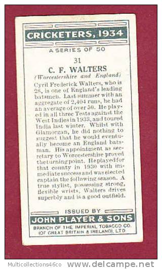 IMAGE PUB CIGARETTE - PLAYER'S - CRICKETERS 1934 N° 31 - C.F. WALTERS (Worcestershire) - Player's