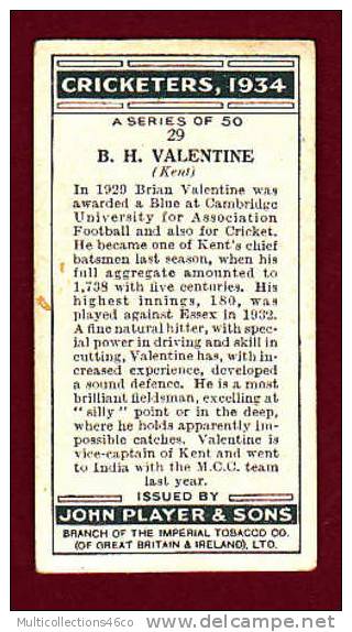 IMAGE PUB CIGARETTE - PLAYER'S - CRICKETERS 1934 N° 29 - B.H. VALENTINE (Kent) - Player's