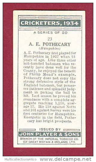 IMAGE PUB CIGARETTE - PLAYER'S - CRICKETERS 1934 N° 23 - A.E. POTHECARY (Hampshire) - Player's