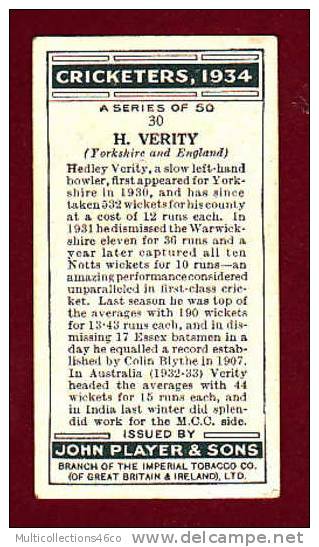 IMAGE PUB CIGARETTE - PLAYER'S - CRICKETERS 1934 N° 30 - H. VERITY (Yorkshire) - Player's