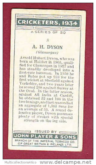 IMAGE PUB CIGARETTE - PLAYER'S - CRICKETERS 1934 N° 8 - A.H. DYSON (Glamorgan) - Player's