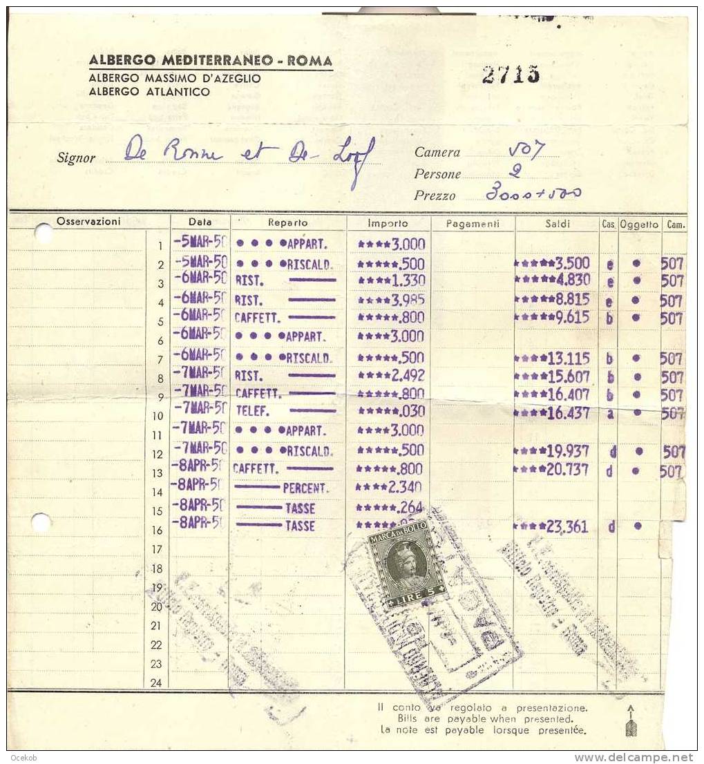 Factuur ITALY - Albergo Mediterraneo - Roma - Massimo D'Azeglio - Atlantico 1950 - Italie