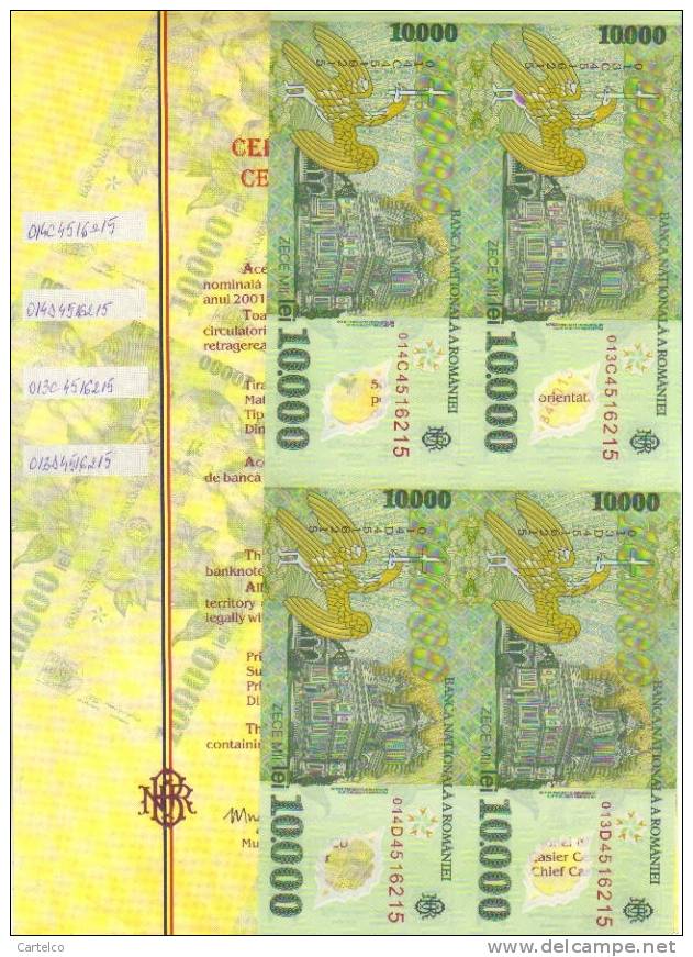 Romania 10000 Lei 2000 (2001) Uncut Sheet Of 4 Banknotes, Certificate Of Autenticity , Isarescu Signature - Roumanie