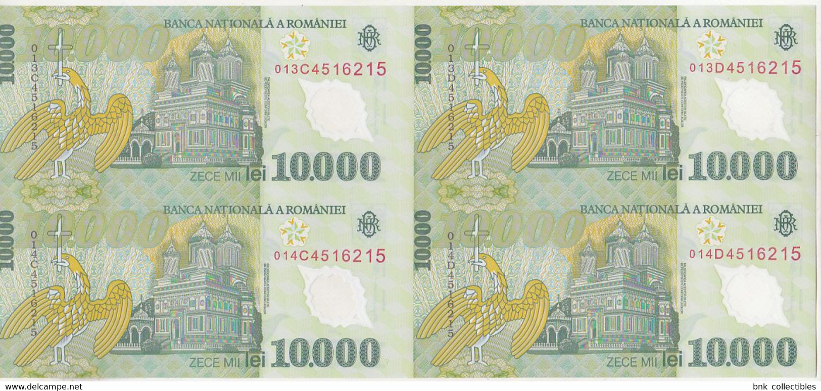 Romania 10000 Lei 2000 (2001) Uncut Sheet Of 4 Banknotes, Certificate Of Autenticity , Isarescu Signature - Roemenië