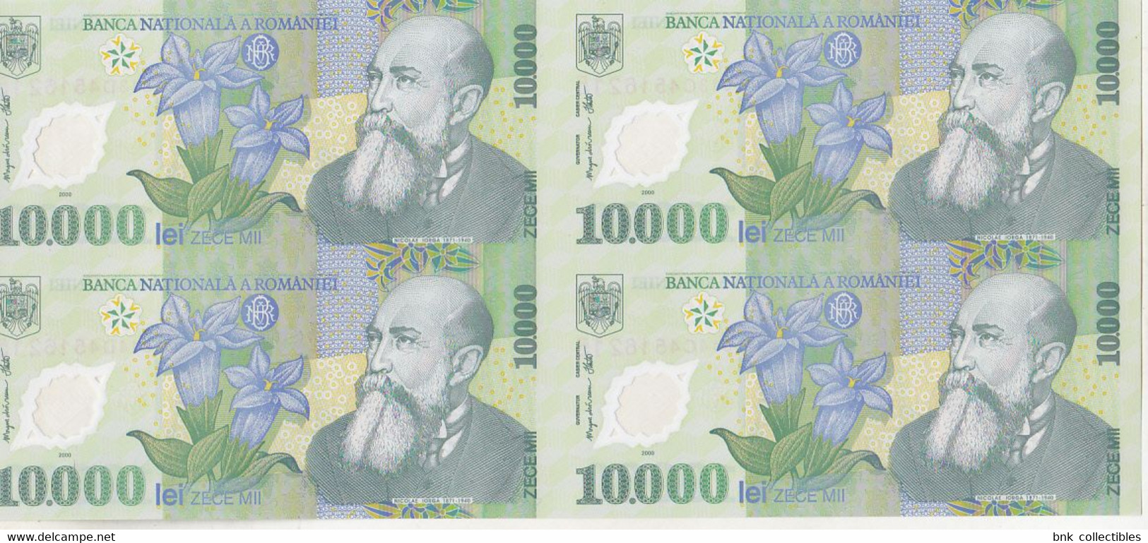 Romania 10000 Lei 2000 (2001) Uncut Sheet Of 4 Banknotes, Certificate Of Autenticity , Isarescu Signature - Rumänien
