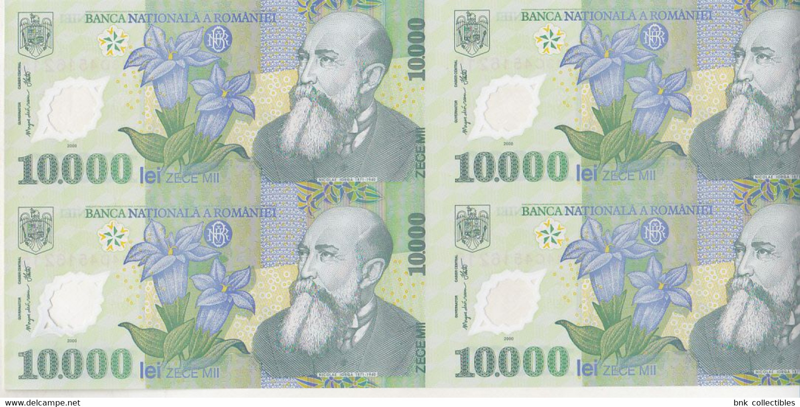 Romania 10000 Lei 2000 (2001) Uncut Sheet Of 4 Banknotes, Certificate Of Autenticity , Isarescu Signature - Roemenië