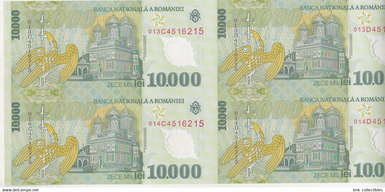Romania 10000 Lei 2000 (2001) Uncut Sheet Of 4 Banknotes, Certificate Of Autenticity , Isarescu Signature - Roumanie