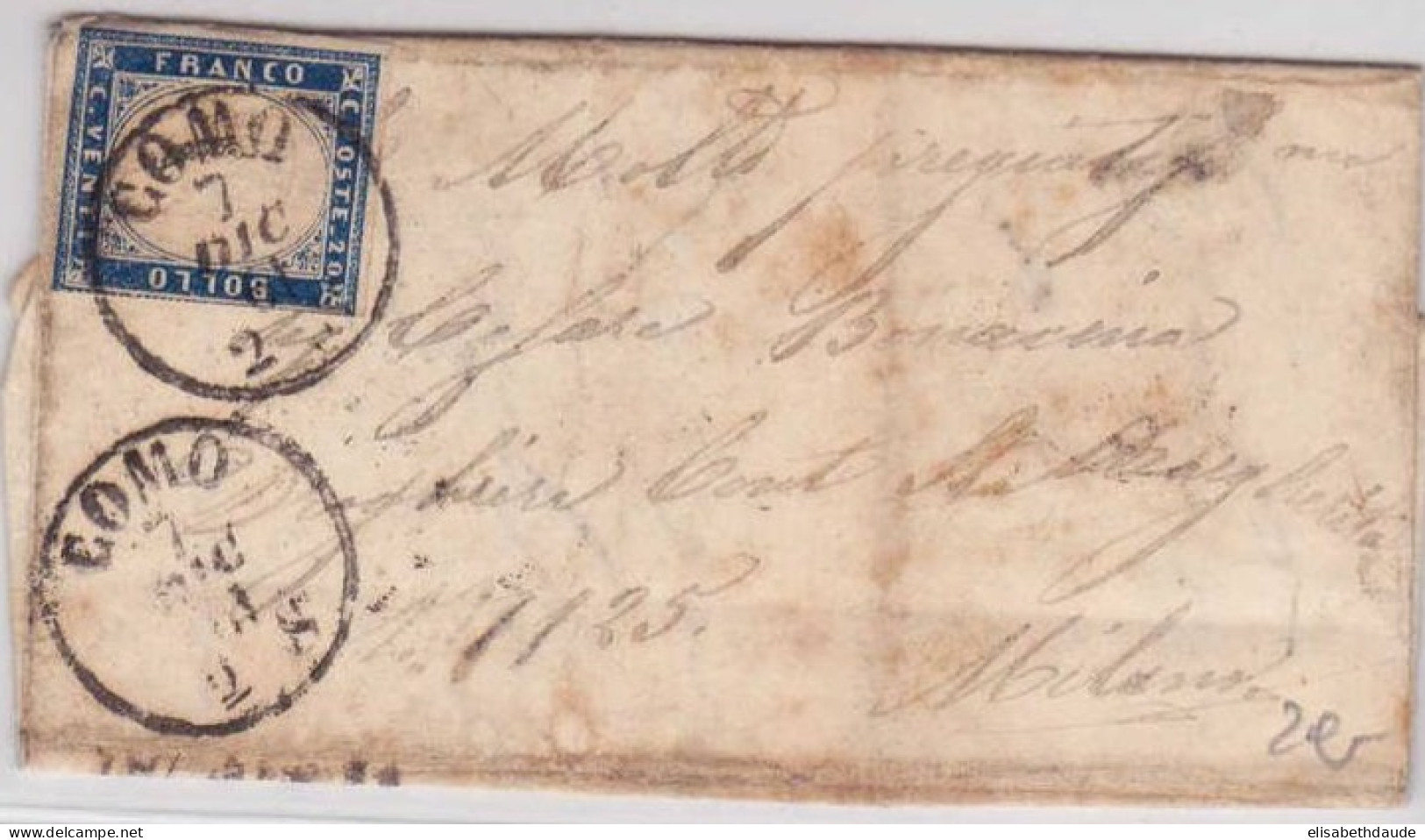 SARDEGNA - 1861 - SASSONE N°15 SEUL Sur LETTRE De COMO Pour MILANO - COTE 2004 = 90 EUROS - Sardaigne