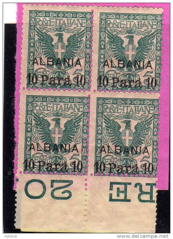 LEVANTE ALBANIA 1902 10PA SU 5C MNH QUARTINA - Albanie