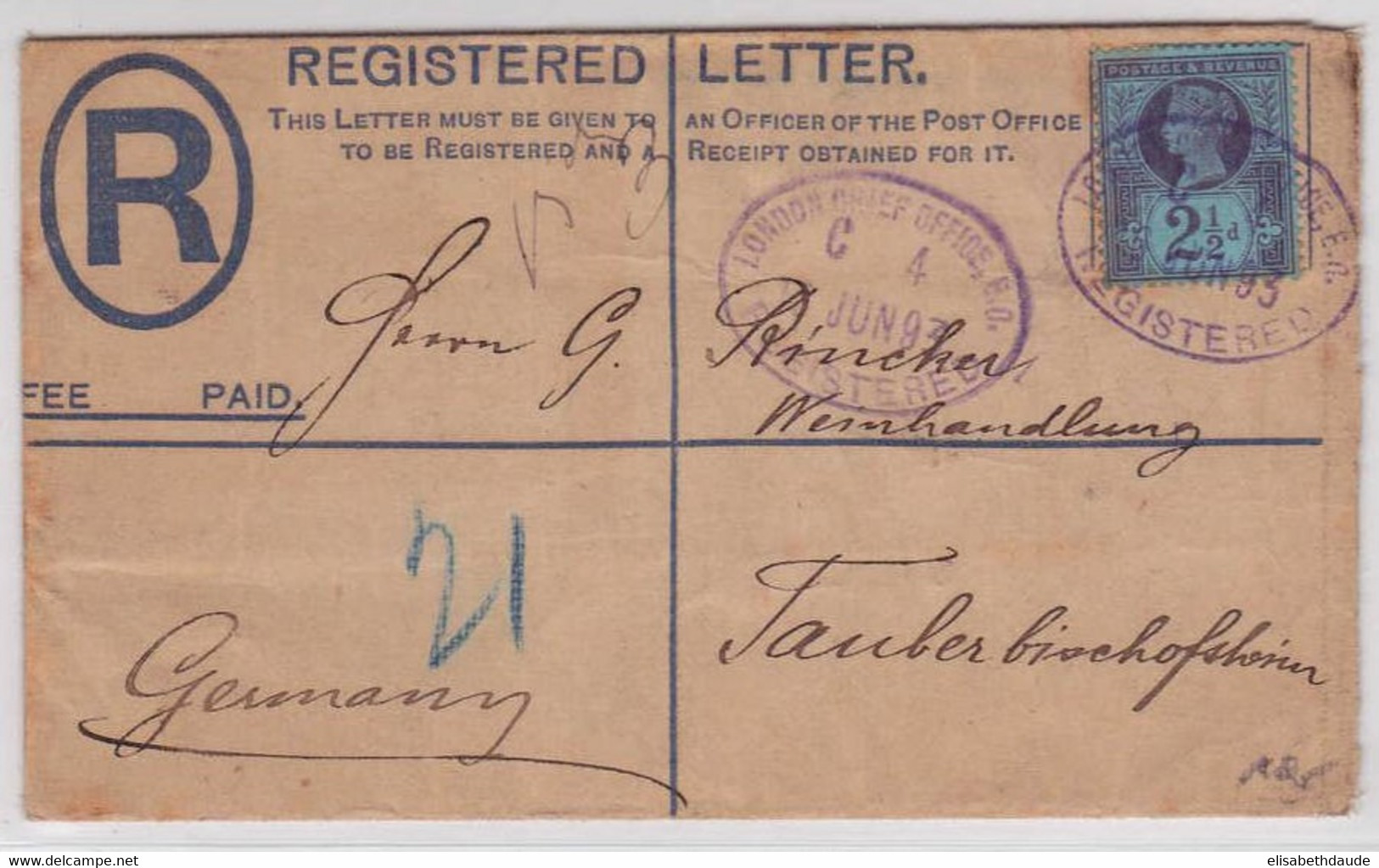 GB - 1893 - ENTIER ENVELOPPE RECOMMANDEE De LONDON Pour TAUBERBISCHOFSHEIM (ALLEMAGNE) - Lettres & Documents