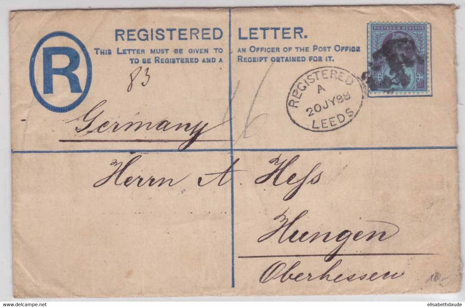 GB - 1888 - ENTIER ENVELOPPE RECOMMANDEE De LEEDS Pour HUNGEN (ALLEMAGNE) - Postwaardestukken